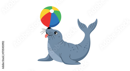 Cute seal balancing a colorful beach ball on its nose.