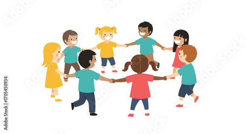 Diverse group of children holding hands in a circle playing a game.