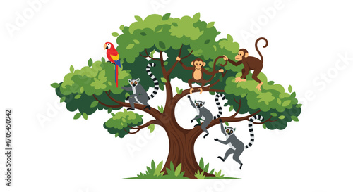 A vibrant illustration of a lush green tree teeming with various playful monkeys and a colorful parrot perched on its branches.