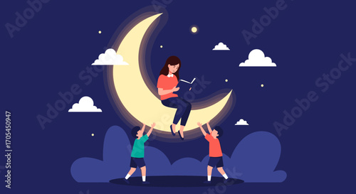 Mother reading to children on moon under starry night sky.