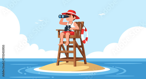 Lifeguard on a small island watching the ocean with binoculars.