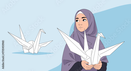 A Muslim woman holding a paper crane origami.