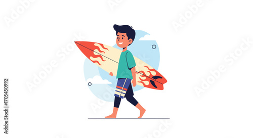 Young surfer boy walking with surfboard on beach.