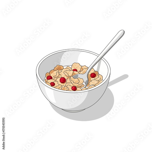 A visually appealing vector illustration depicting a fresh bowl of crispy cornflakes with healthy red berries and milk, ready for a nutritious morning breakfast as a clean digital artwork concept