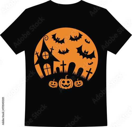 Spooky halloween t-shirt design featuring haunted house pumpkins bats and graveyard scene