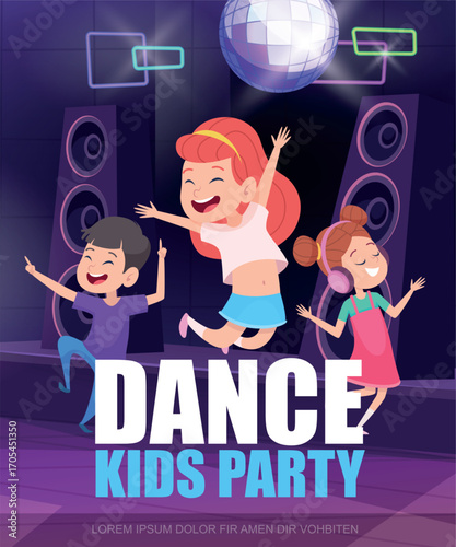 Dance party. happy kids dancing on stage. vector placard invitation