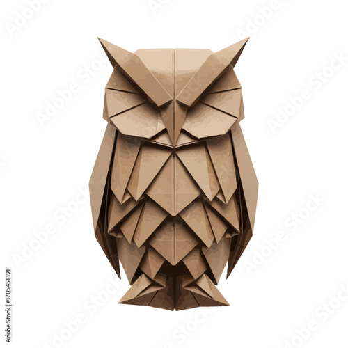 Intricate brown paper origami owl art, meticulously folded geometric design. A detailed crafted illustration of a majestic bird, perfect for creative projects and nature-inspired themes