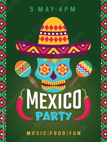 Mexico party. poster with traditional mexican skull in sombrero