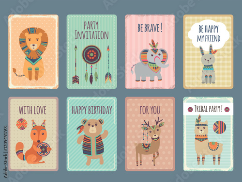 Tribal animals. decorated animals with different tribal patterns. vector cards with place for text