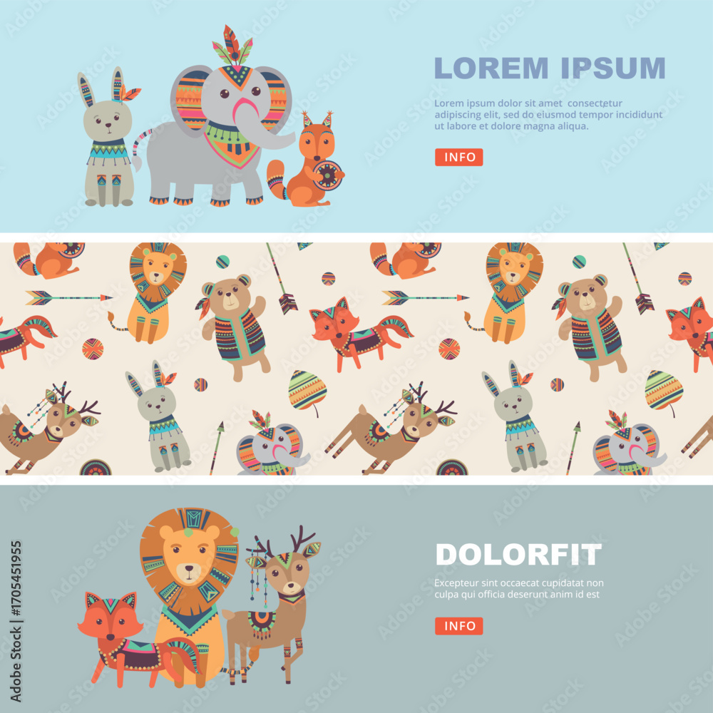 Fototapeta premium Wild animals. decorated tribal animals on banners templates