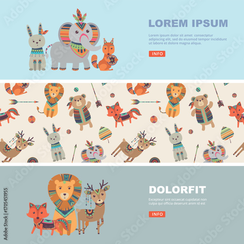 Wild animals. decorated tribal animals on banners templates