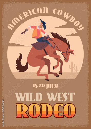 Wild west. retro poster with rodeo show. cowboy riding on horseback