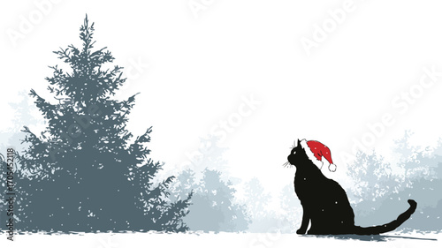 Cute Domestic Shorthair Cat Posing in Santa Hat for Christmas Celebration
