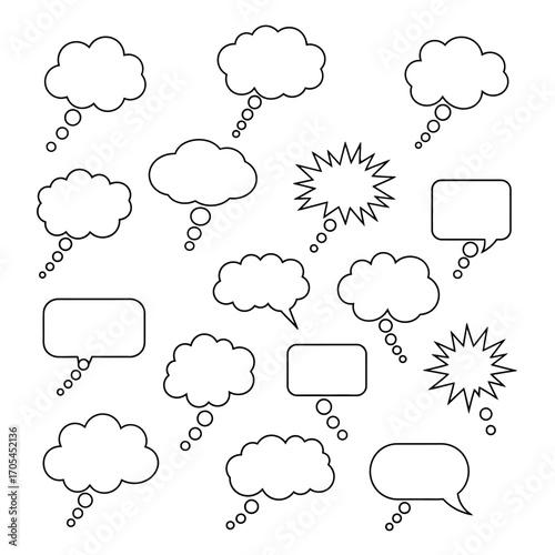 A diverse collection of empty comic book style thought and speech bubbles, presented as a black and white vector outline set