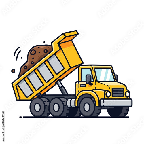 Vibrant yellow dump truck vector illustration working on a construction site, offloading soil. Stylized graphic depicting heavy machinery at work