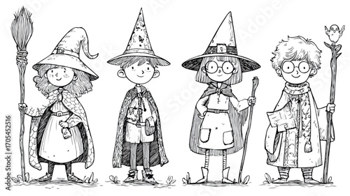 Enchanted Kids in Magical Witch and Wizard Costumes