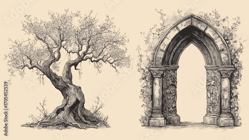 Elegant Elven Archway and Gate Engraving Set - Vintage Hand-Drawn Illustration