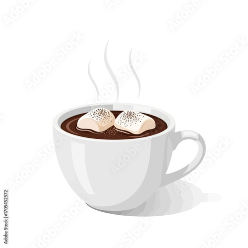 A warm, steaming white mug of rich hot chocolate topped with two fluffy marshmallows, presented as a clean vector illustration on a white background