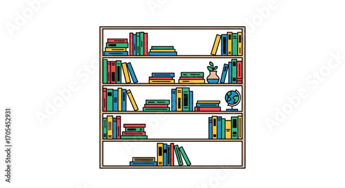 Bookshelf filled with colorful books and decorative items.