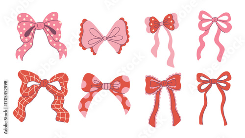 Coquette Curly Bow Set. Hand drawn Pink Romantic Decorative tied ribbons collection. Cute Kawaii Girlcore Decorative elements for Valentines Day and Wedding