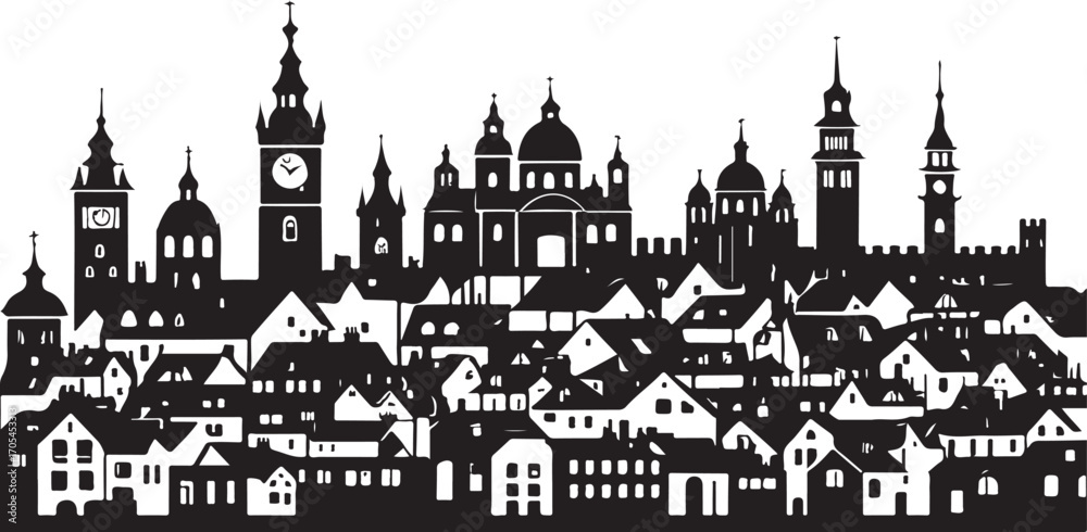 Fototapeta premium Black and white silhouette of a European city skyline