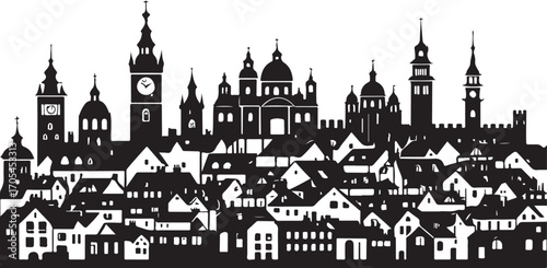 Black and white silhouette of a European city skyline