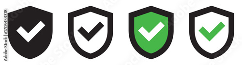 Shield check mark logo icon set. Strong protection tick shield. Security shields logotypes. Vector illustration.