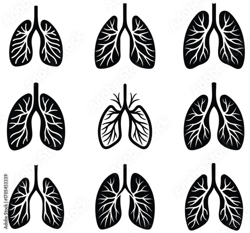 Nine black human lung icons with branching bronchioles arranged in a three by three grid Keywords: lungs, human, anatomy, medical, science, health, respiratory, system, organ