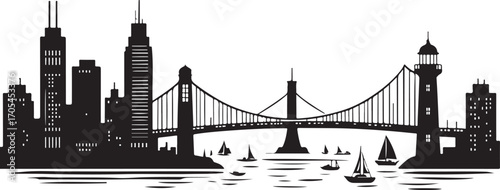 Black silhouette of a city skyline with a suspension bridge and sailboats
