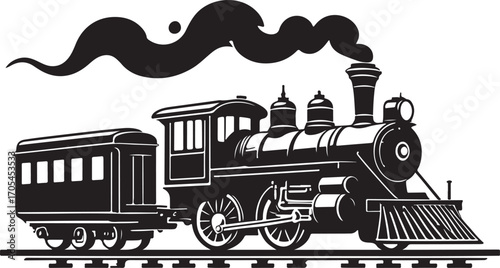 Black silhouette of a steam train with smoke and a passenger car