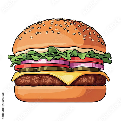 Delicious Cheeseburger with Fresh Toppings and Sesame Seed Bun.