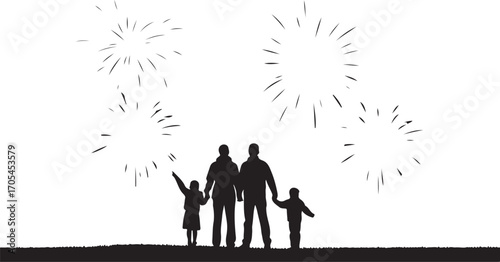 Family silhouette watching fireworks celebration night