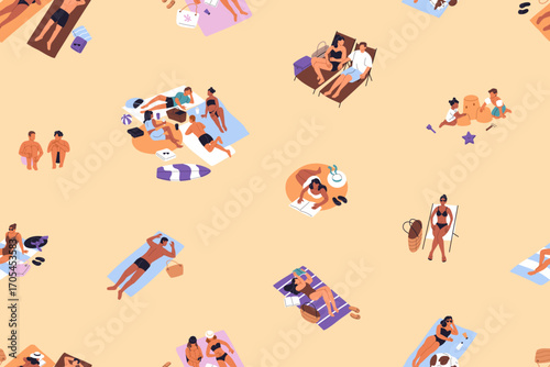 Repeatable pattern of people sunbathing on sand beach top view. Endless background of tourists getting sun tan on coast. Crowd is relaxing at sea resort in summer. Flat seamless vector illustration