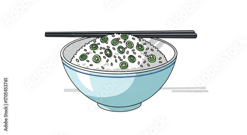Bowl of rice with toppings and chopsticks.
