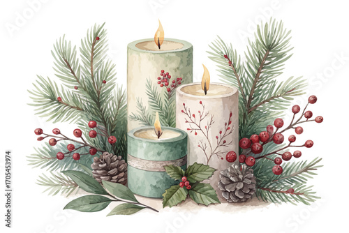 Watercolor candles with winter greenery vector illustration isolated on white background