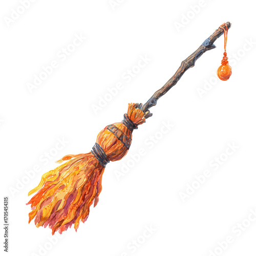 Halloween Broomstick, watercolor illustration vector, isolated on a white background.