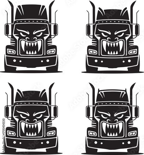 Four Black and White Vector Art Illustrations of Truck Fronts Keywords: truck, vehicle