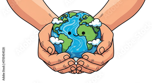 Hands holding a cute cartoon earth with a happy face.
