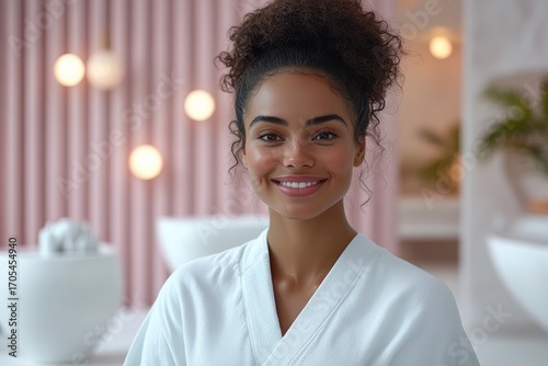 Happy woman in spa robe enjoying a relaxing moment in a serene wellness environment