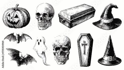 Vintage Engraving Style Halloween Icons Set for Spooky Designs