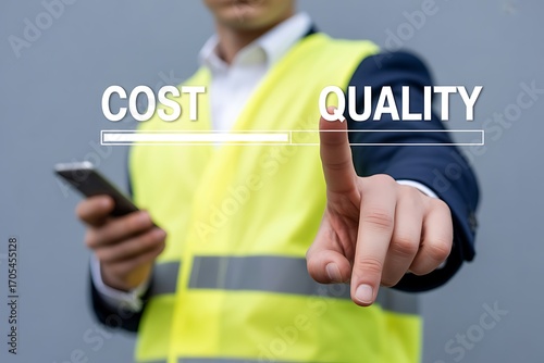 Man in safety vest selects quality over cost on interface