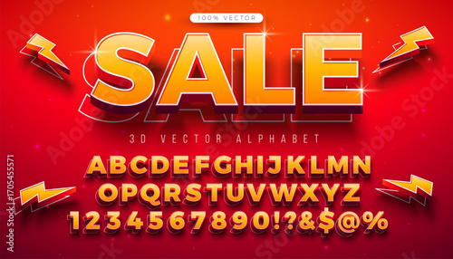 Vector 3d Alphabet Font Set with Sale Typography Lettering and Shadow on Red Background. Modern Typeface Design Collection with ABC, Number and Special Characters for Promotional Banner, Business