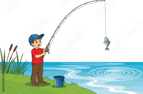 Happy boy fishing at lakeside holding rod with caught fish, outdoor recreation and childhood leisure activity in nature, summer adventure, flat vector illustration