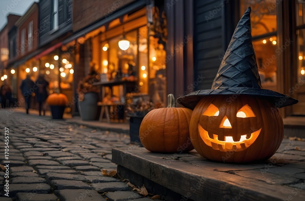Fototapeta premium Halloween Pumpkin Display on Vintage Urban Street at Golden Hour with Fog, Carved Jack O’Lantern, String Lights and Autumn Market Atmosphere