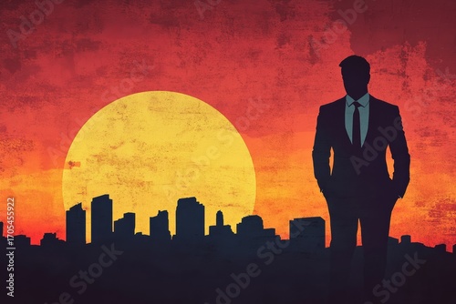 Silhouette of a businessman against a vibrant sunset skyline in an urban setting