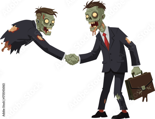 Cartoon zombie businessmen shaking hands in tattered suits, funny undead office workers meeting, horror business concept vector illustration 