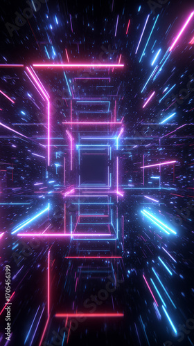 Futuristic neon tunnel glowing lines digital space vibrant blue and pink abstract immersive energetic sci fi technology
