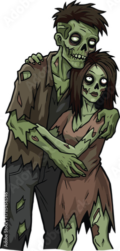Cartoon zombie couple embracing each other, undead romantic characters in tattered clothes, spooky Halloween love illustration, creepy horror theme, perfect for Halloween and horror designs.Cartoon 