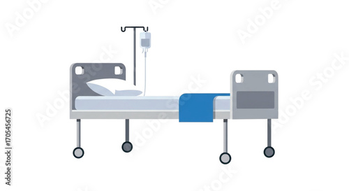 Hospital bed with IV drip and blue blanket.