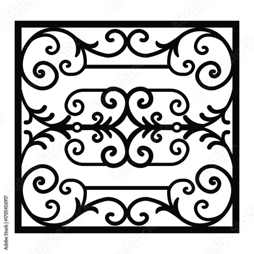 Black decorative metalwork pattern with symmetrical scrolls and floral motifs on a white background. Square design with intricate detail, elegant wrought iron style, clean and modern.